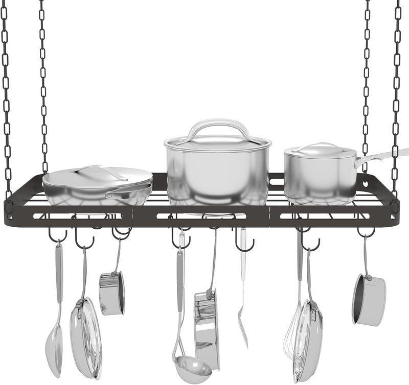 TICKCACY 33” Pots and Pans Hanging Rack, Black Hanging Pot Rack Ceiling Mount with 15 Hooks, Heavy-duty Metal Square Kitchen Ceiling Pot Rack, Pot and Pan Hanger for Kitchen Cookware Utensils - Image 1